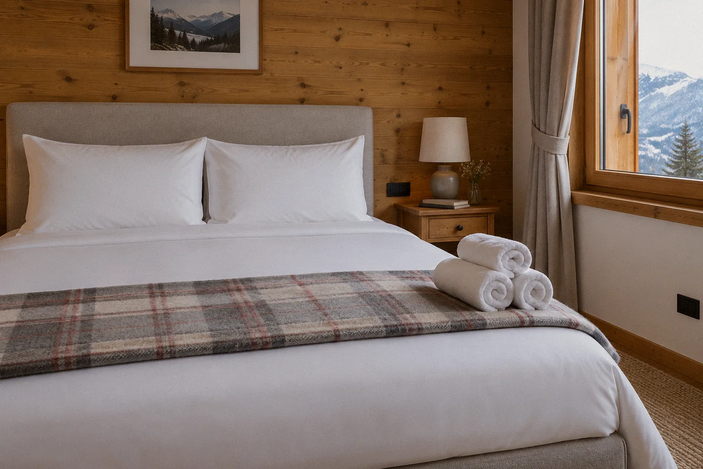 Chambre de chalet préparée, lit tendu et serviettes roulées