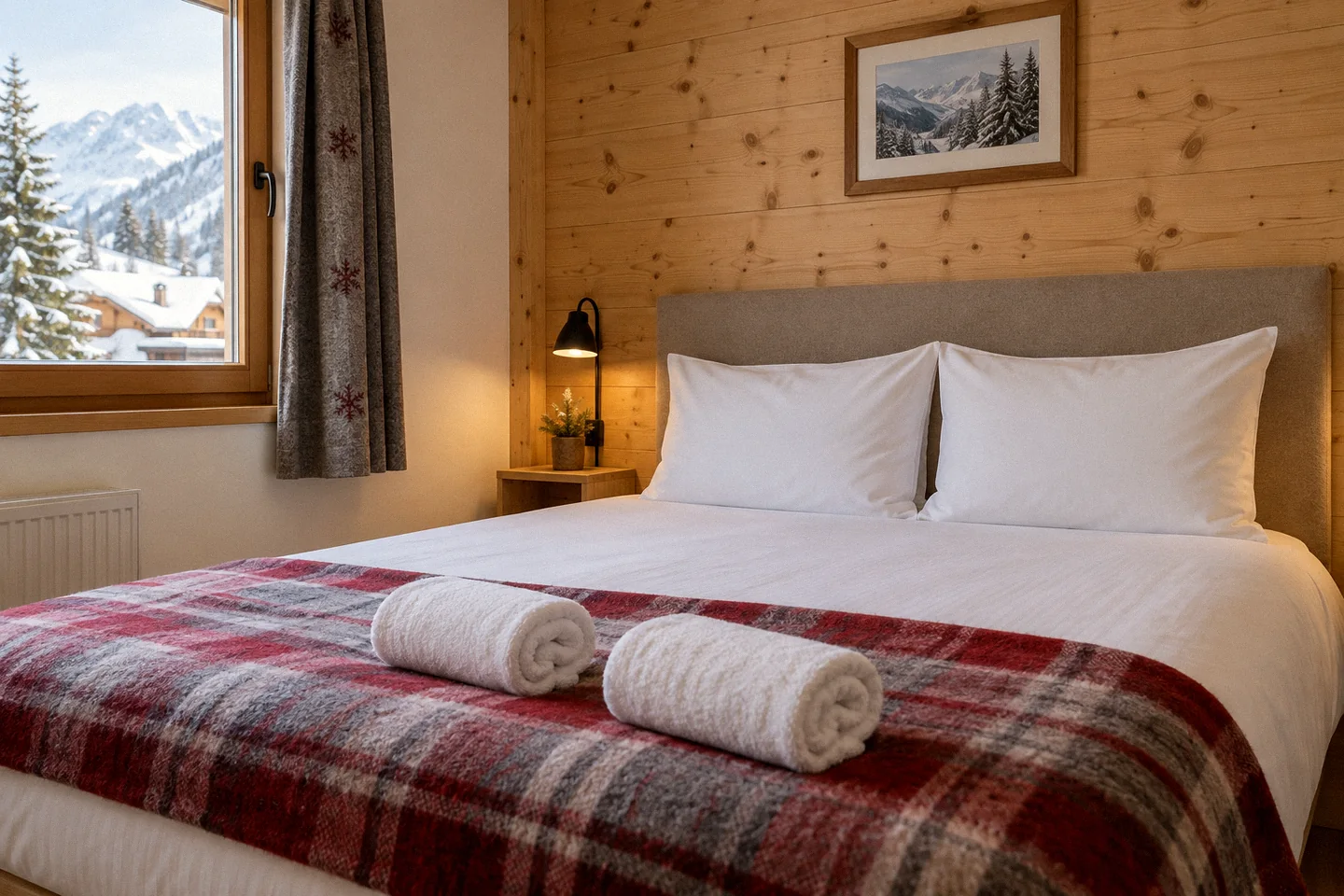 Seconde chambre prête, plaid à carreaux et vue sur la station