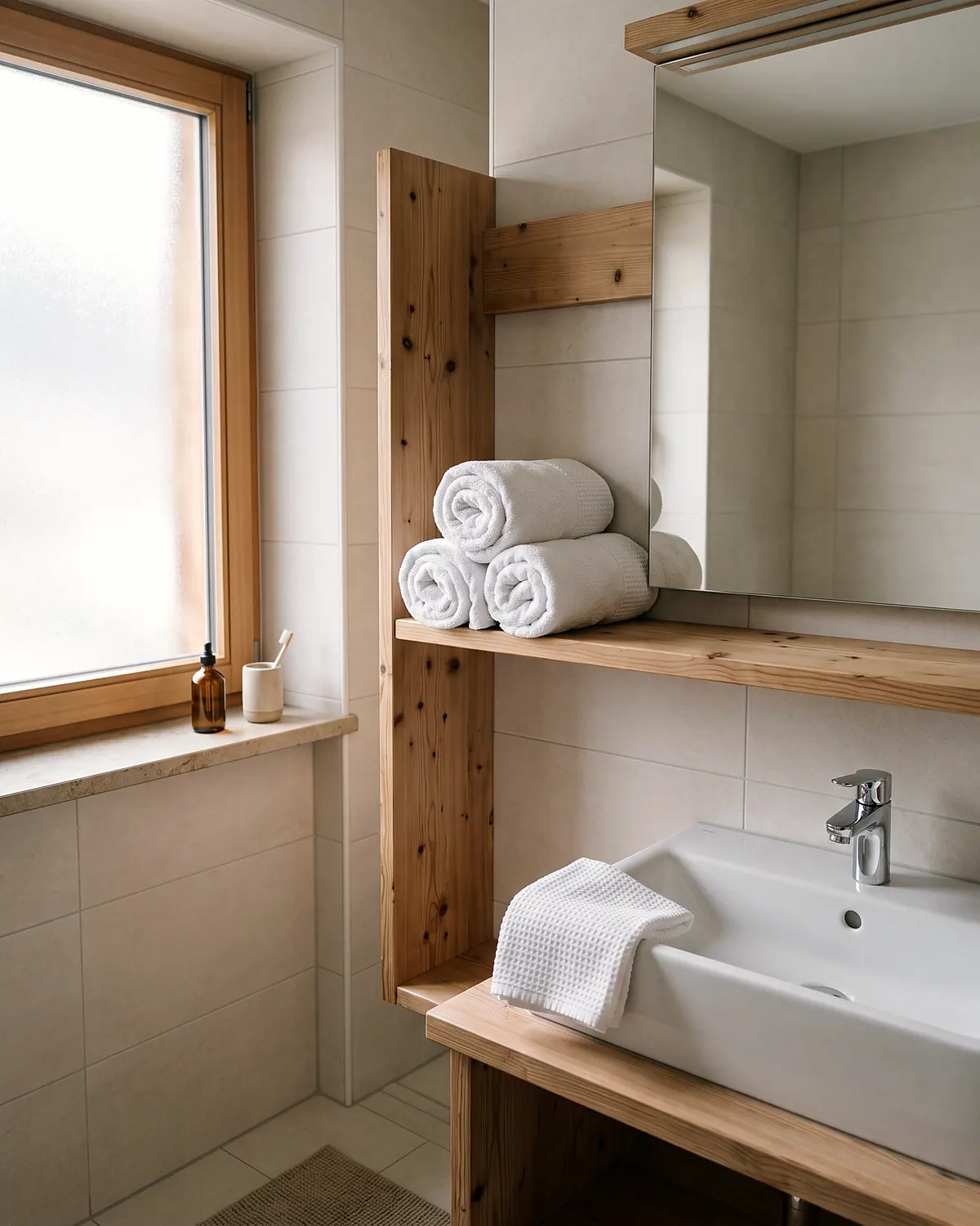 Salle de bain de chalet, serviettes roulées et produits alignés