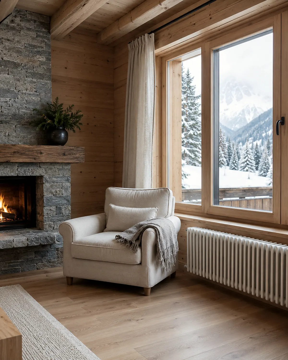 Cheminée allumée dans un salon de chalet