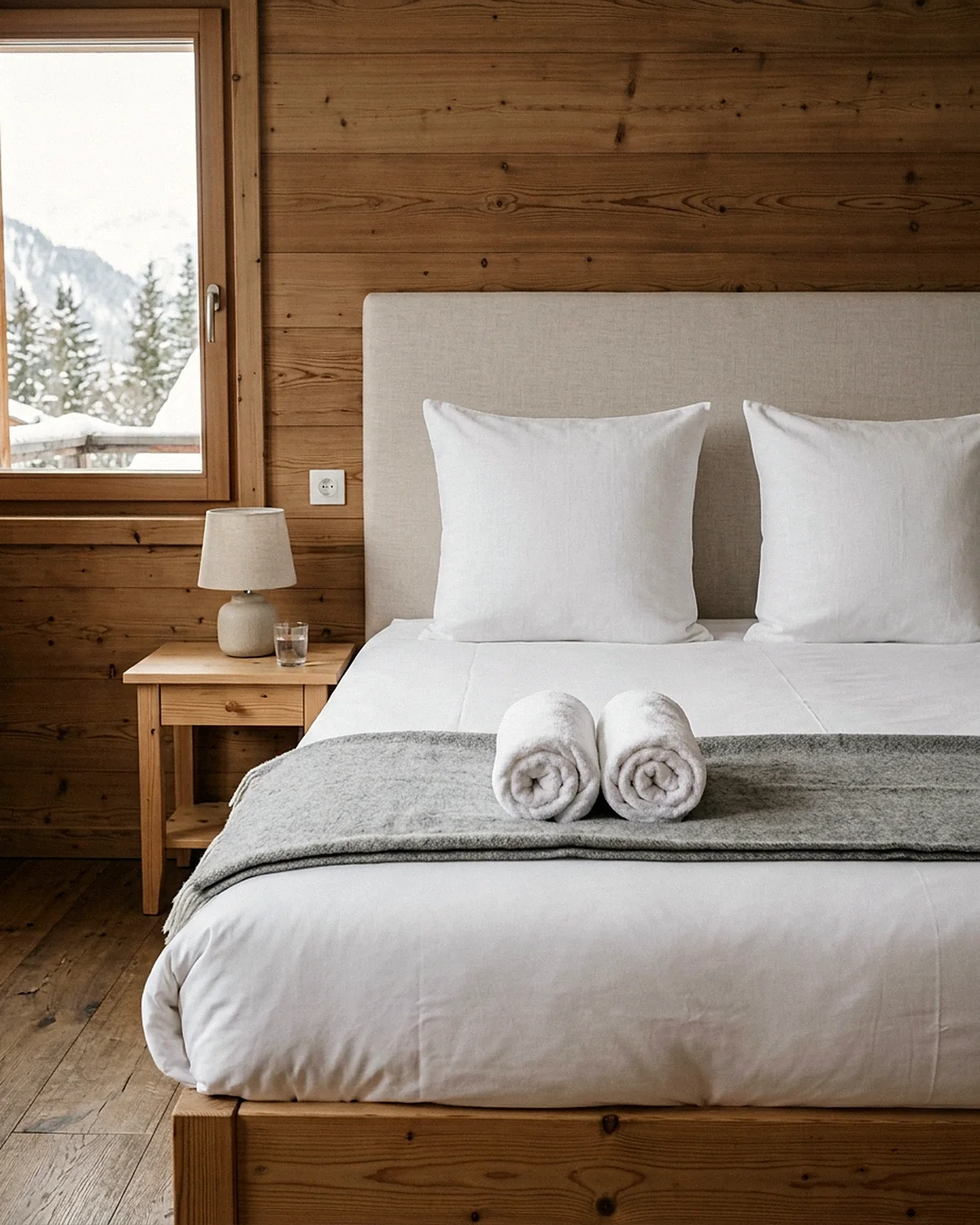 Chambre de chalet préparée, lit tendu et serviettes roulées