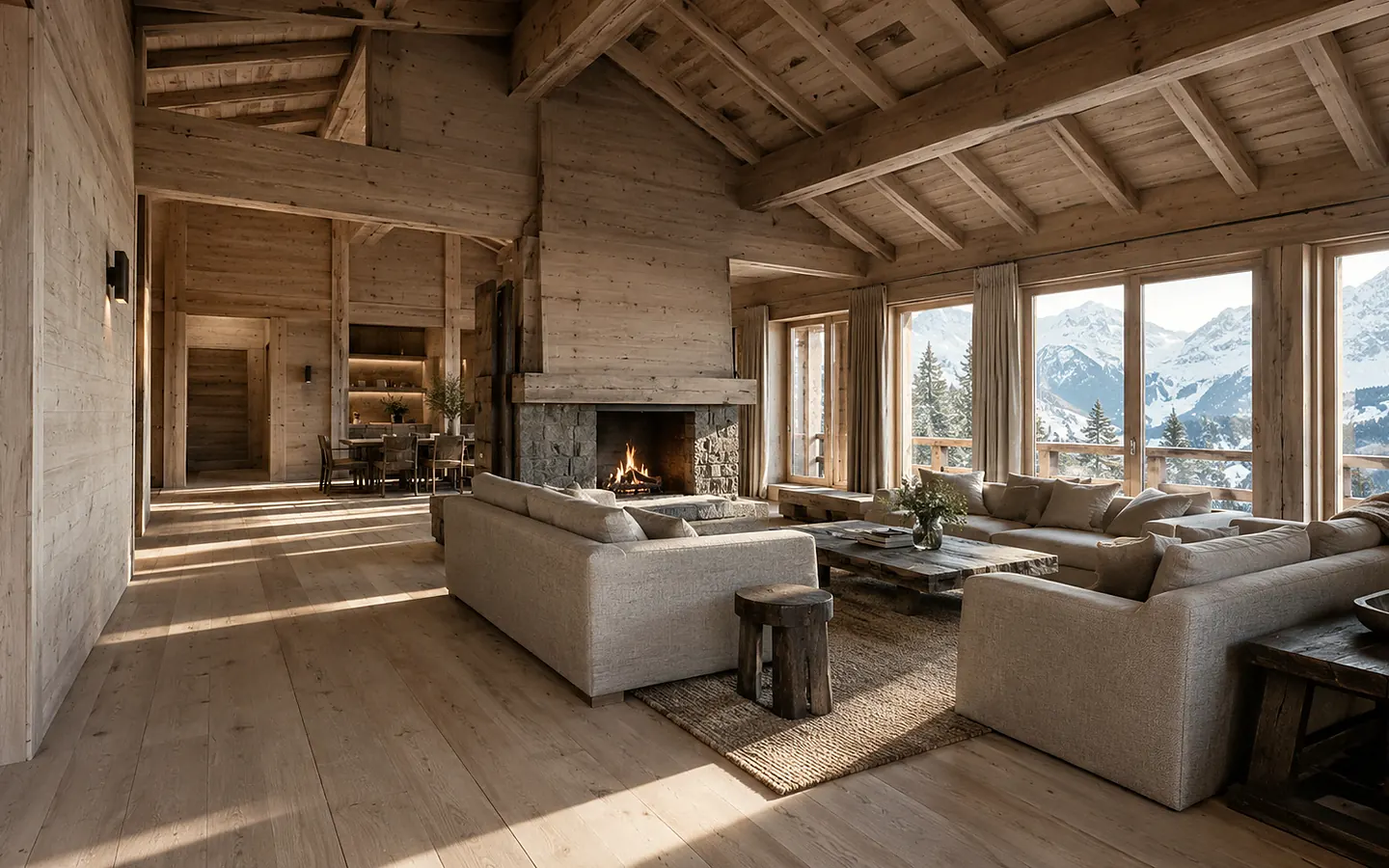 Séjour de chalet alpin, cheminée de pierre et baies vitrées sur les sommets